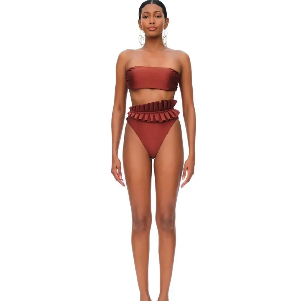 NWT Andrea lyamah 2 Piece LIVA Bikini in Chocolate Size Medium asymmetric ruffle
